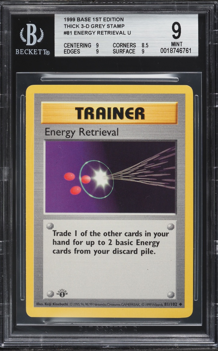 1999 Pokemon Base Set Shadowless 1st Edition Thick 3-D Grey Stamp Energy Retrieval #81 BGS 9