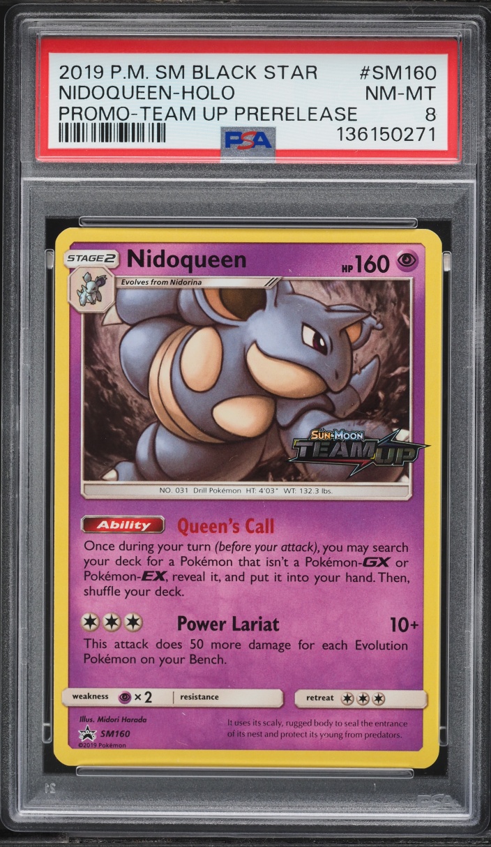 2019 Pokemon Sun & Moon Black Star Promo Team Up Prerelease Holo Nidoqueen #SM160 PSA 8 NM-MT