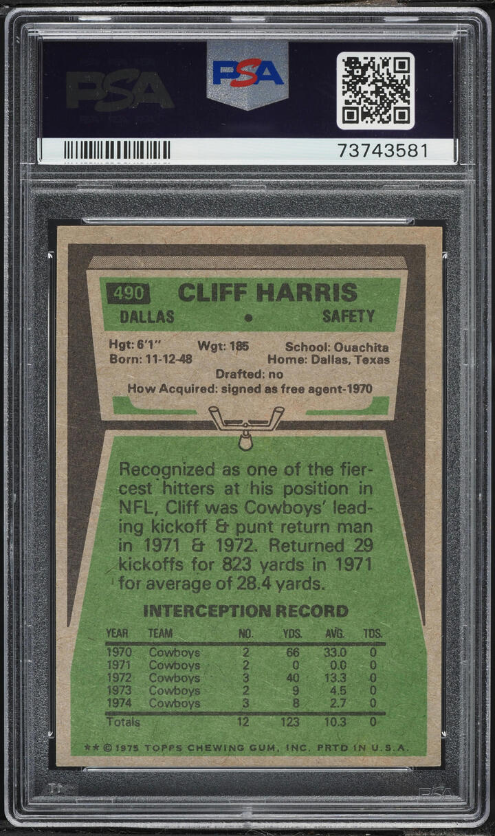 1975 Topps Football Cliff Harris ROOKIE #490 PSA 8 NM-MT