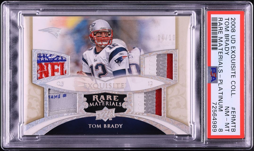 2008 Exquisite Collection Rare Materials Platinum Tom Brady SHIELD PATCH /10 #ERM-TB PSA 8