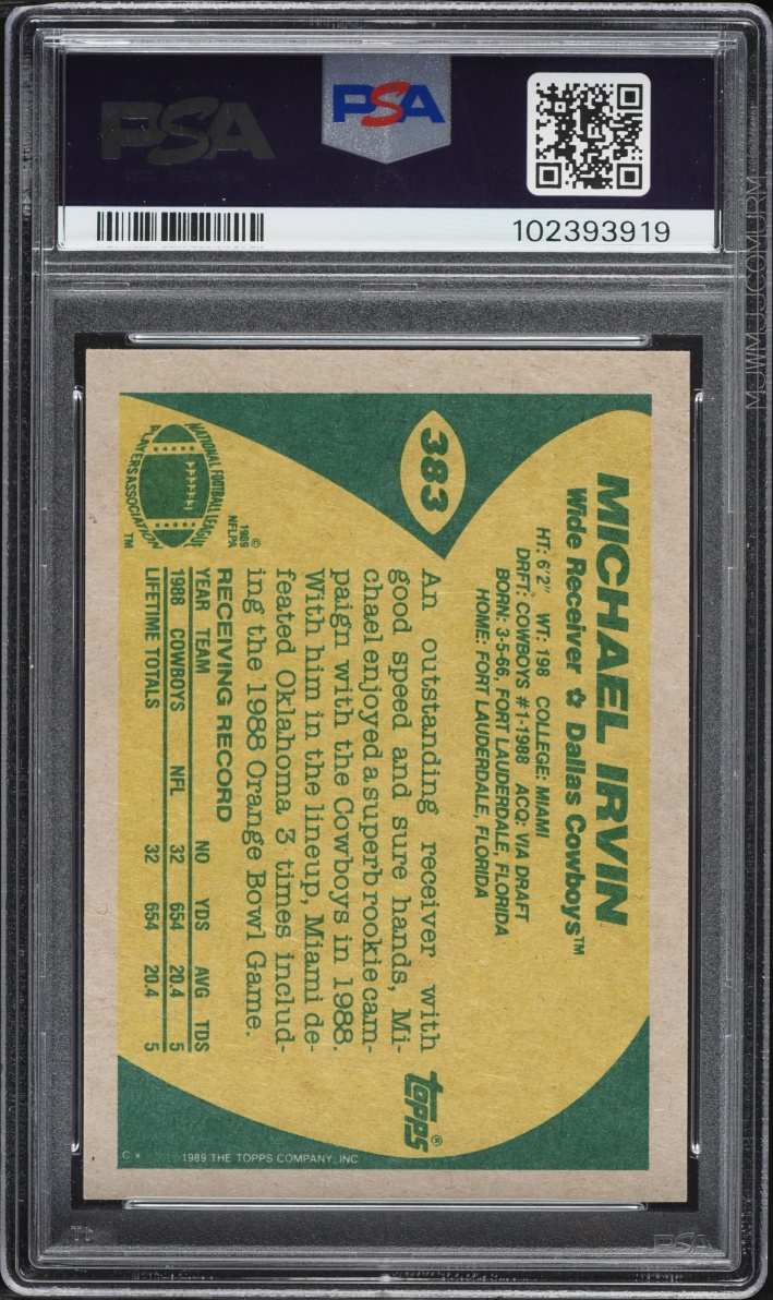 1989 Topps Football Michael Irvin ROOKIE #383 PSA 10 GEM MINT