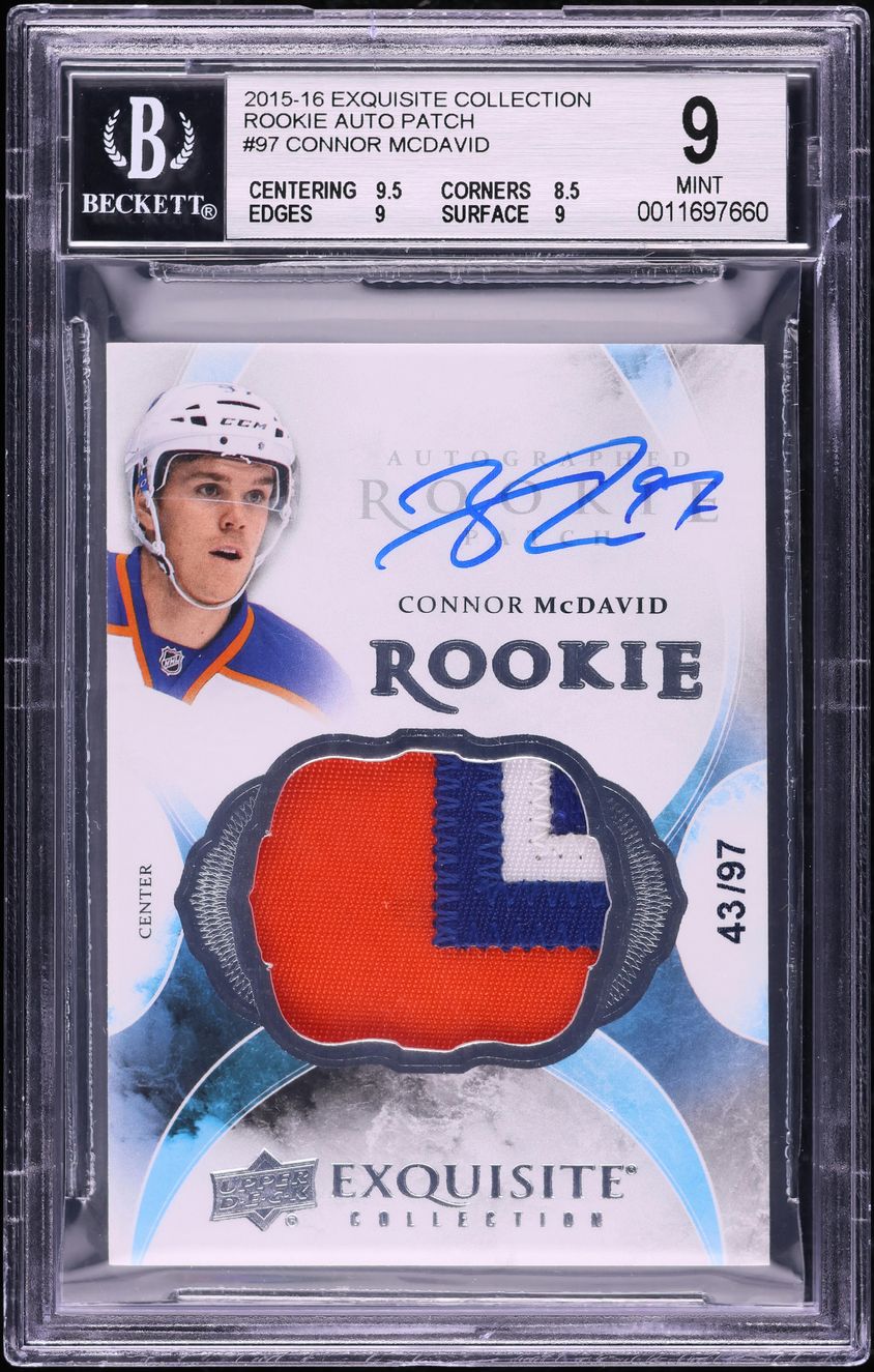 2015 UD Exquisite Collection Connor McDavid ROOKIE PATCH AUTO /97 #97 BGS 9 MINT