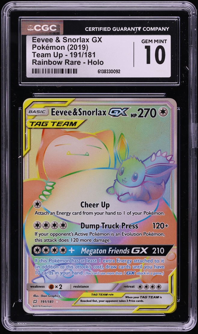 2019 Pokemon SM Team Up Rainbow Rare Eevee & Snorlax GX #191 CGC 10 GEM MINT