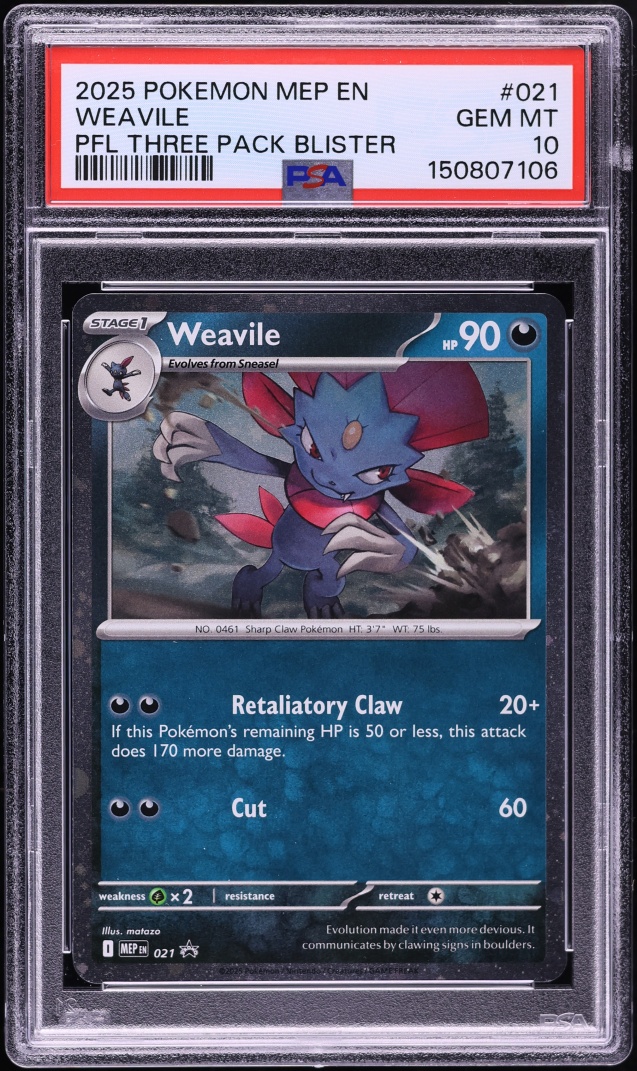 2025 Pokemon Mega Evolution Promo Phantasmal Flames Three Pack Blister Weavile #021 PSA 10 GEM