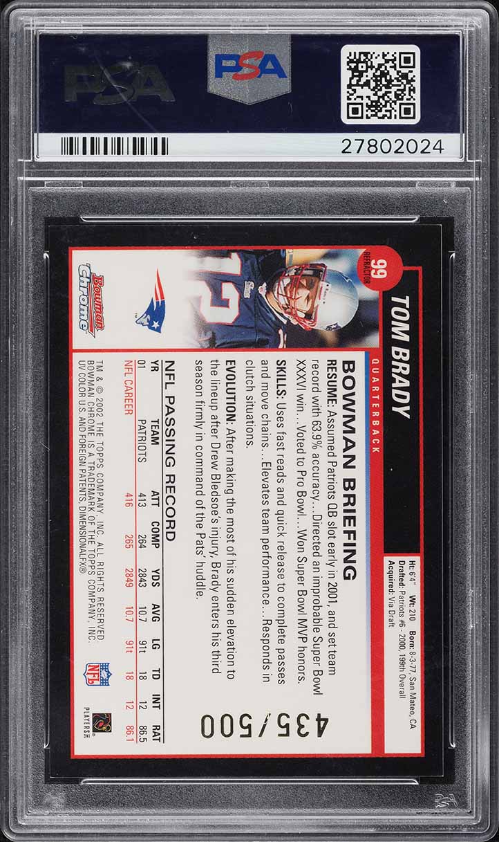 2002 Bowman Chrome Refractor Tom Brady /500 #99 PSA 10 GEM MINT
