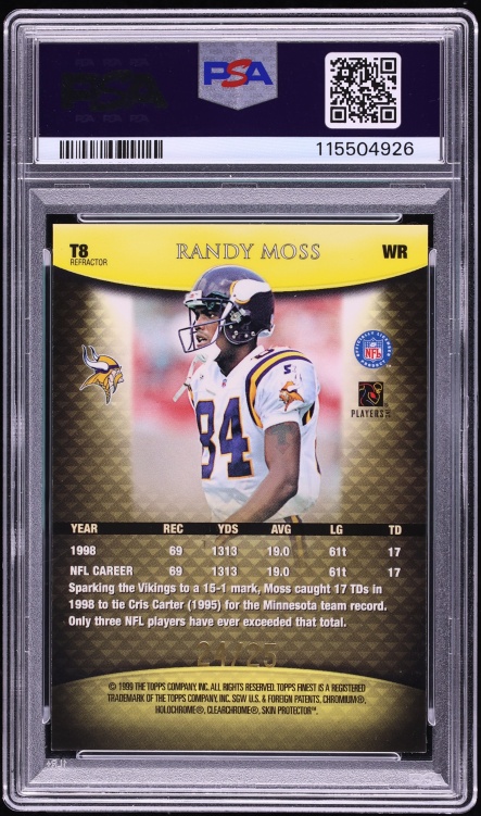 1999 Finest Team Gold Refractor w/Coating Randy Moss /25 #T8 PSA 8 NM-MT - Photo 2
