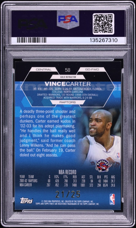 2002 Finest Gold Refractor Vince Carter /25 #58 PSA 9 MINT - Photo 2