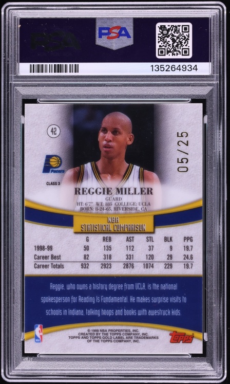 1999 Topps Gold Label Class 3 Red Label Reggie Miller /25 #42 PSA 8 NM-MT - Photo 2