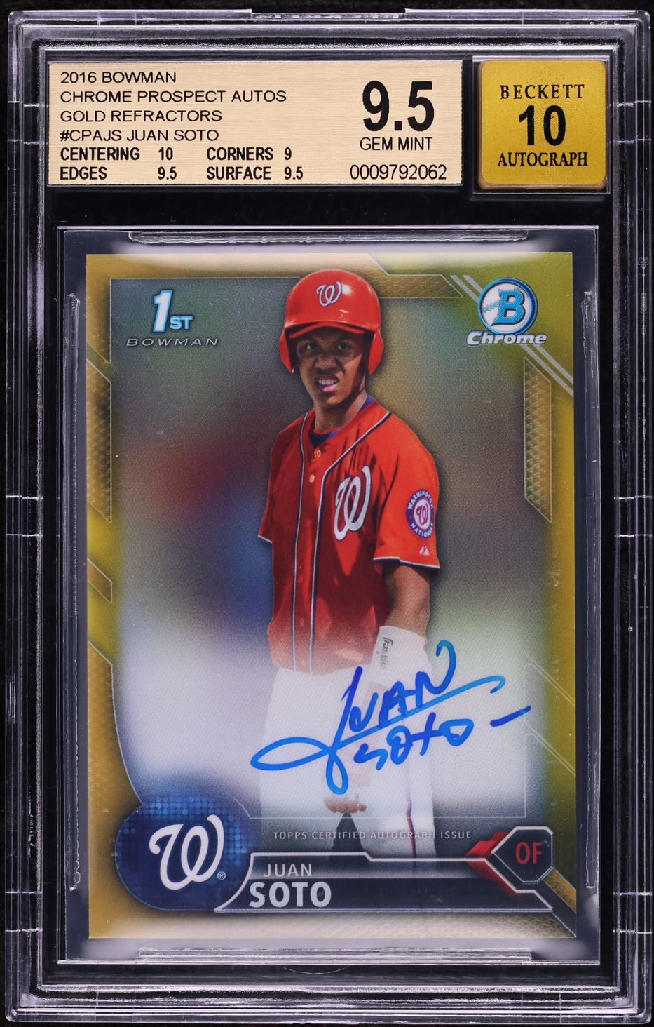 2016 Bowman Chrome Gold Refractor Juan Soto PROSPECT AUTO /50 #CPA-JS BGS 9.5