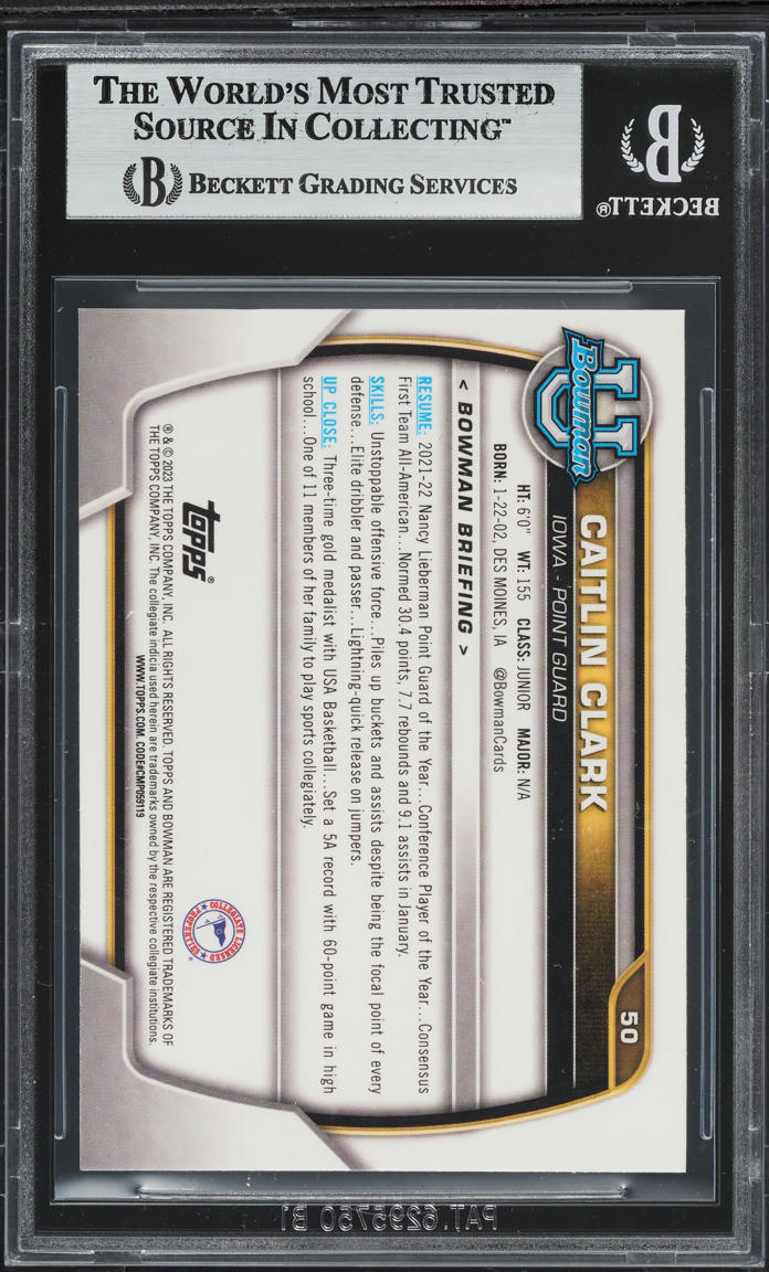 2022 Bowman Chrome University Caitlin Clark ROOKIE #50 BGS 9 MINT