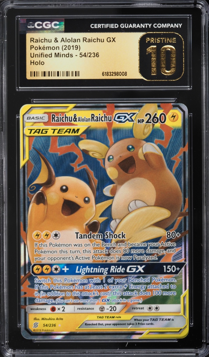 2019 Pokemon Sun & Moon Unified Minds Holo Raichu & Alolan Raichu GX #54 CGC 10 PRISTINE