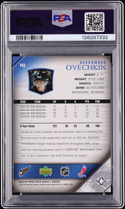 2005 Upper Deck Young Guns Alexander Ovechkin ROOKIE #443 PSA 10 GEM MINT
