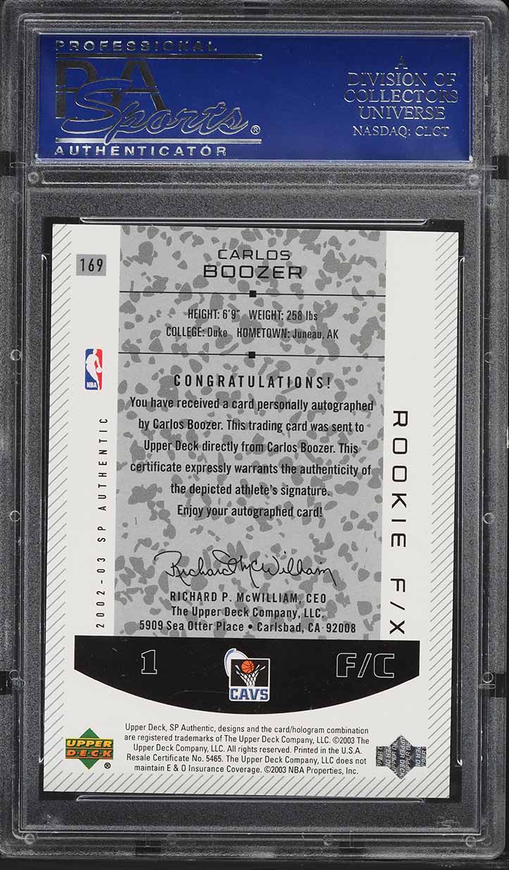 2002 SP Authentic Carlos Boozer ROOKIE AUTO /1500 #169 PSA 9 MINT
