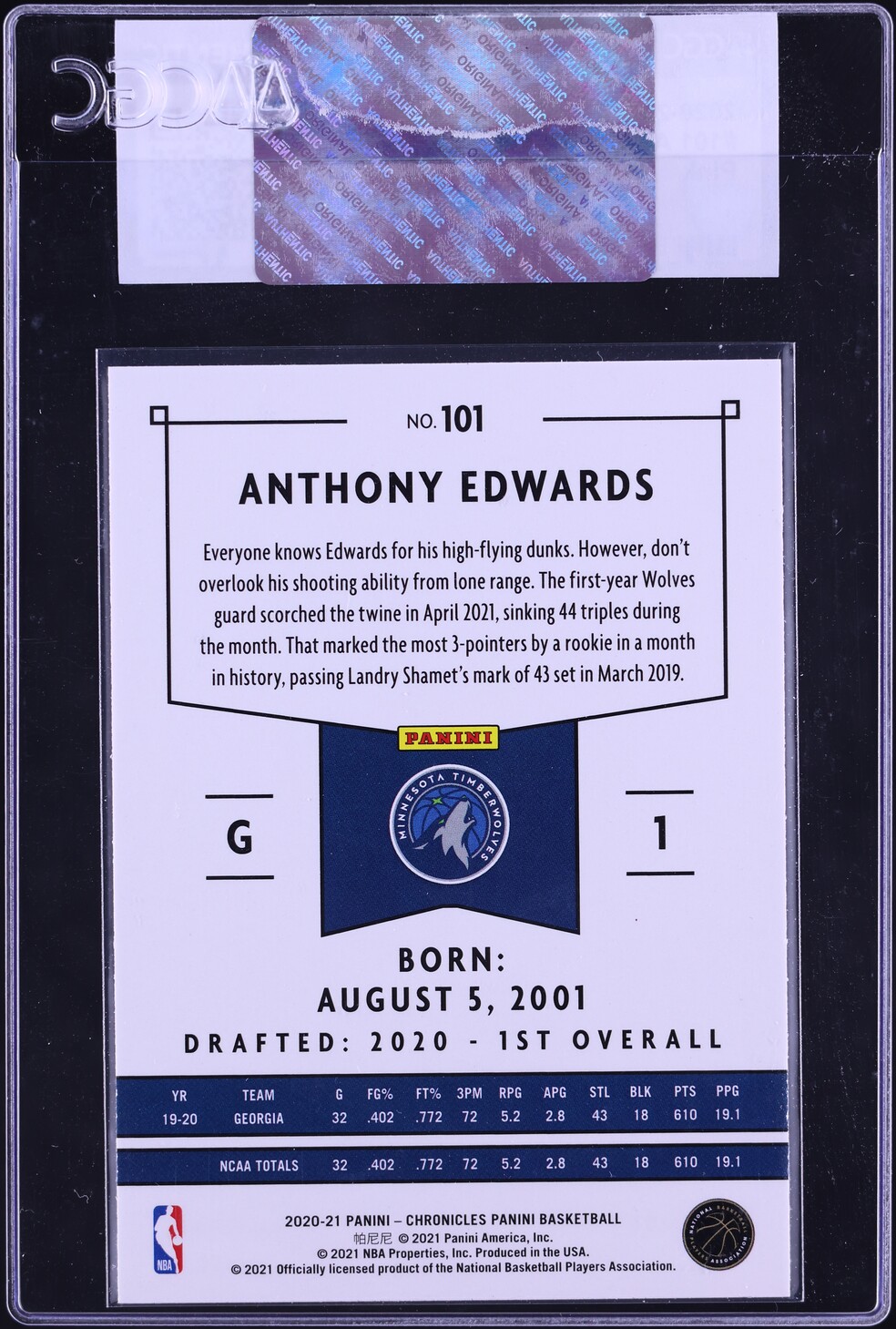 2020 Panini Chronicles Pink Anthony Edwards ROOKIE #101 CGC AUTH