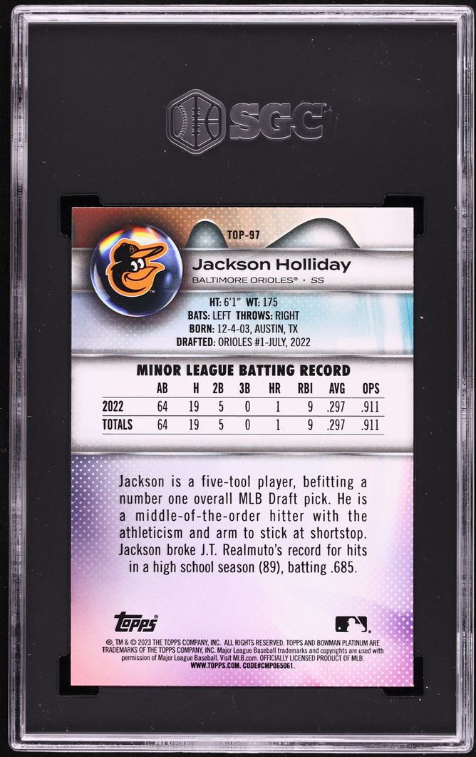 2023 Bowman Platinum Jackson Holliday PROSPECT #TOP-97 SGC 9.5 MINT+