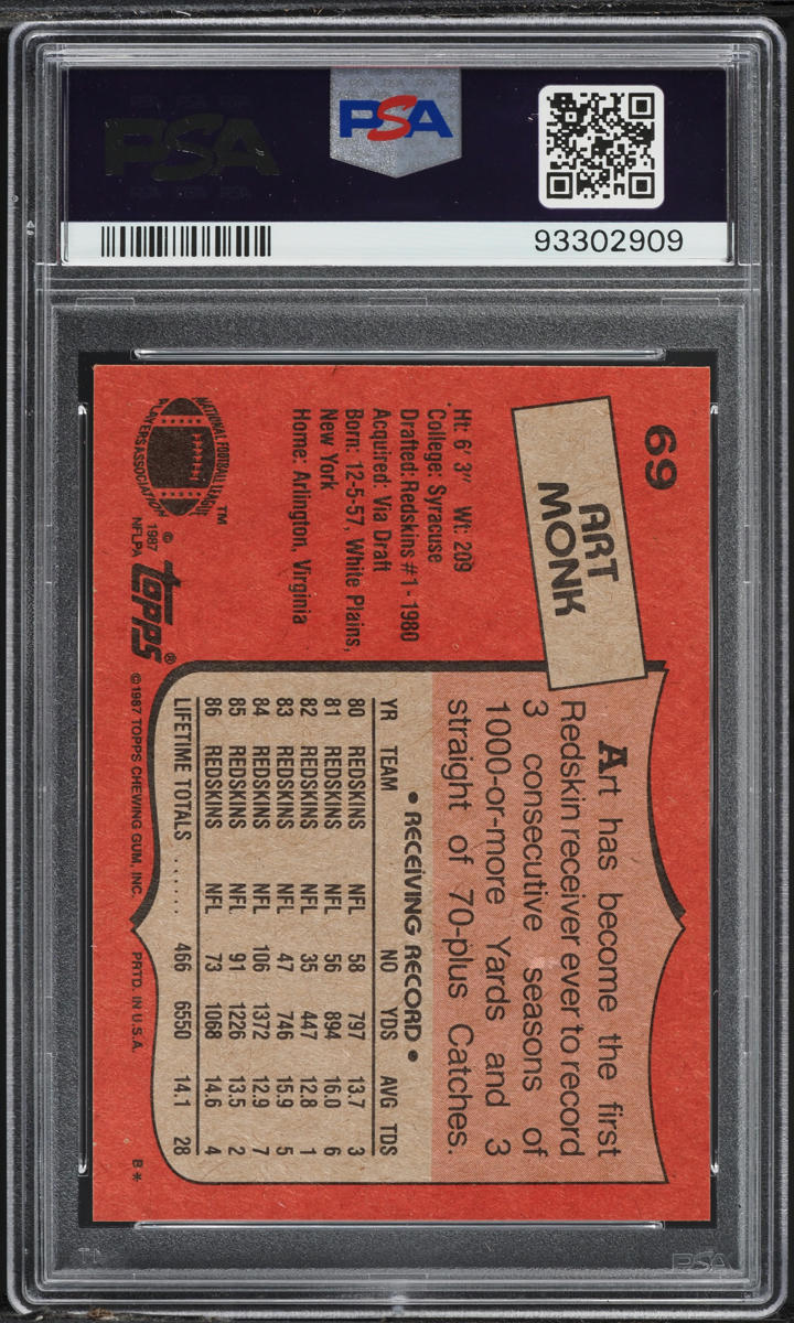 1987 Topps Football Art Monk #69 PSA 9 MINT
