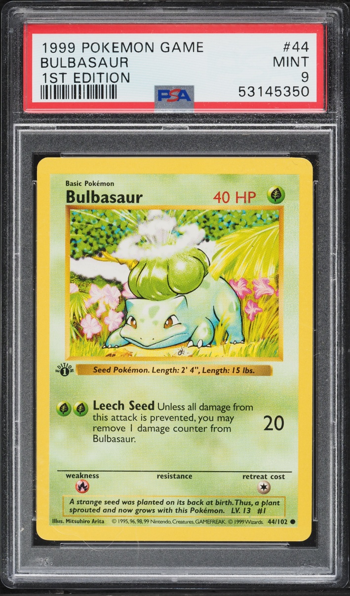 1999 Pokemon Base Set Shadowless 1st Edition Bulbasaur #44 PSA 9 MINT
