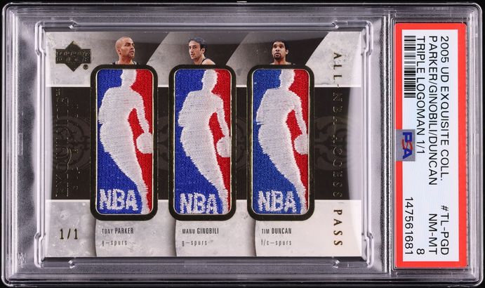 2005 Exquisite Collection Triple Tony Parker Manu Ginobili Tim Duncan LOGOMAN PATCH 1/1 PSA 8