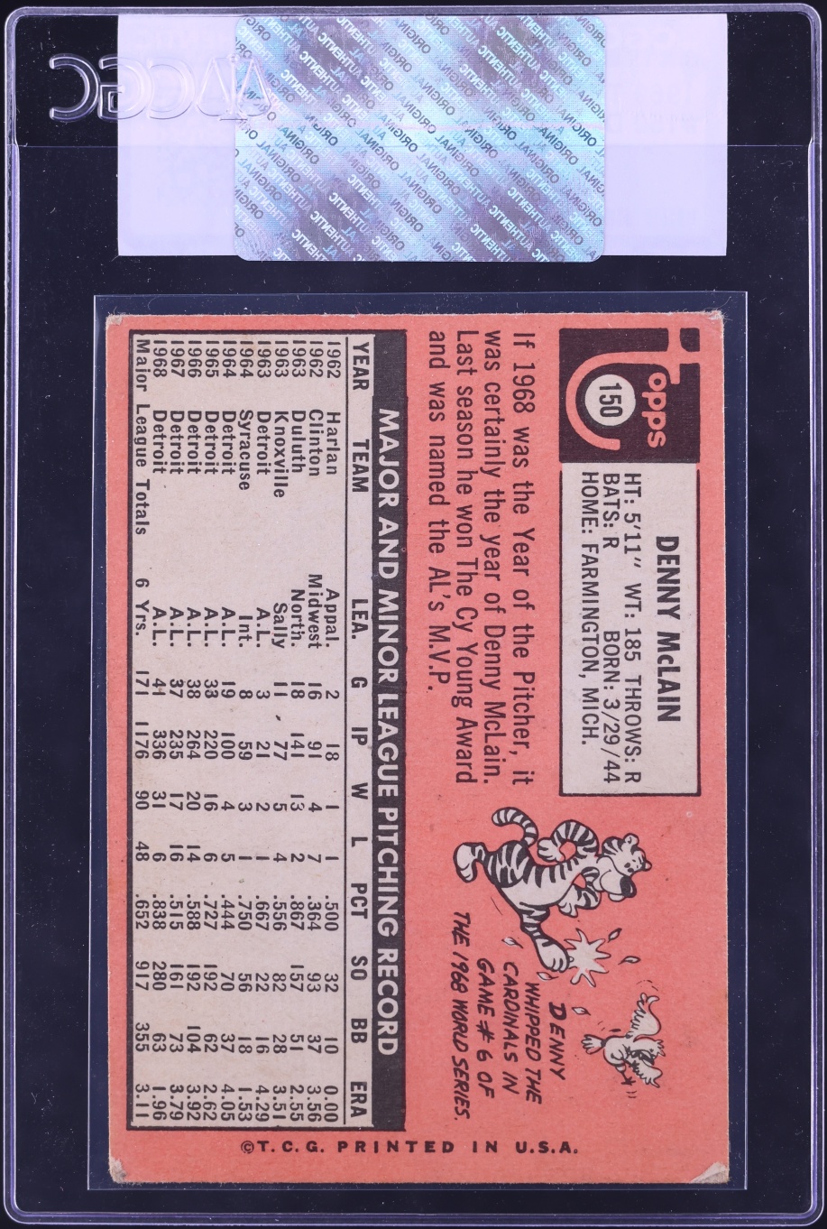 1969 Topps Denny Mclain #150 CGC AUTH