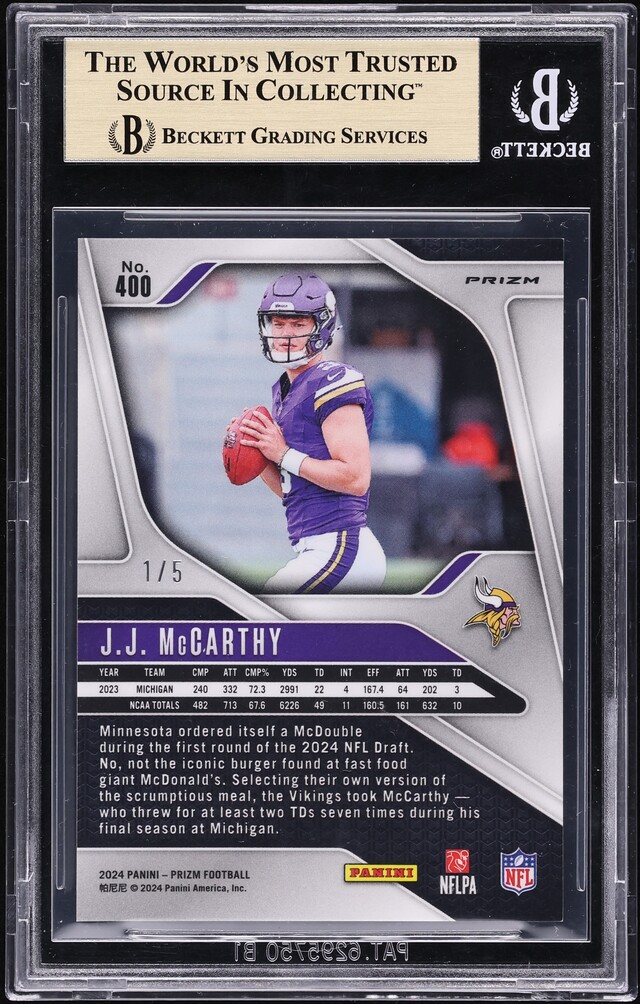 2024 Panini Prizm Gold Vinyl J.J. McCarthy ROOKIE 1/5 #400 BGS 9.5 GEM MINT
