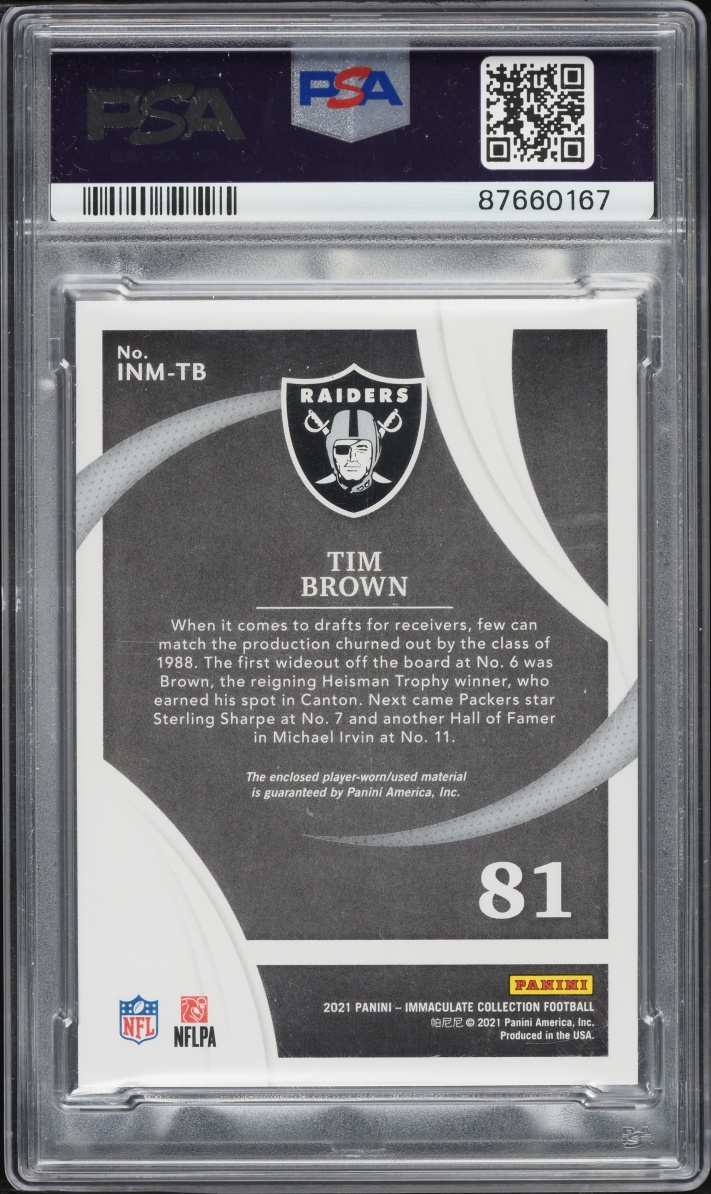 2021 Immaculate Collection Numbers Memorabilia Platinum Tim Brown PATCH 1/1 #INM-TB PSA 8 NM-MT