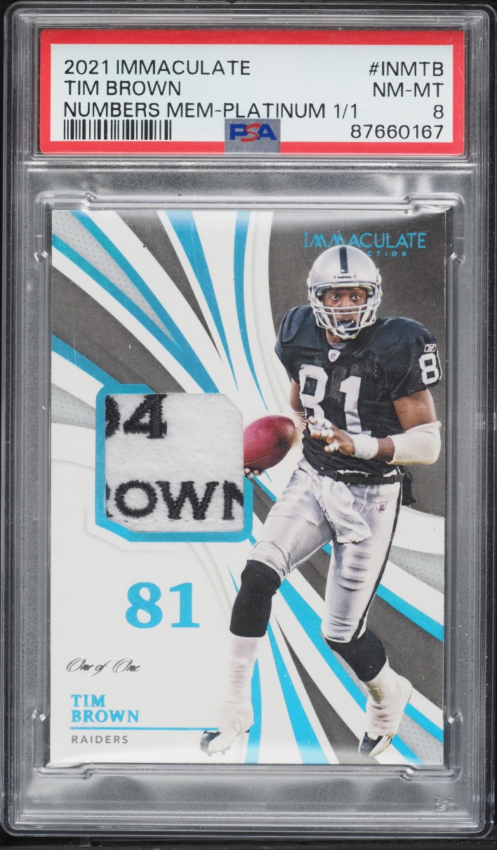 2021 Immaculate Collection Numbers Memorabilia Platinum Tim Brown PATCH 1/1 #INM-TB PSA 8 NM-MT
