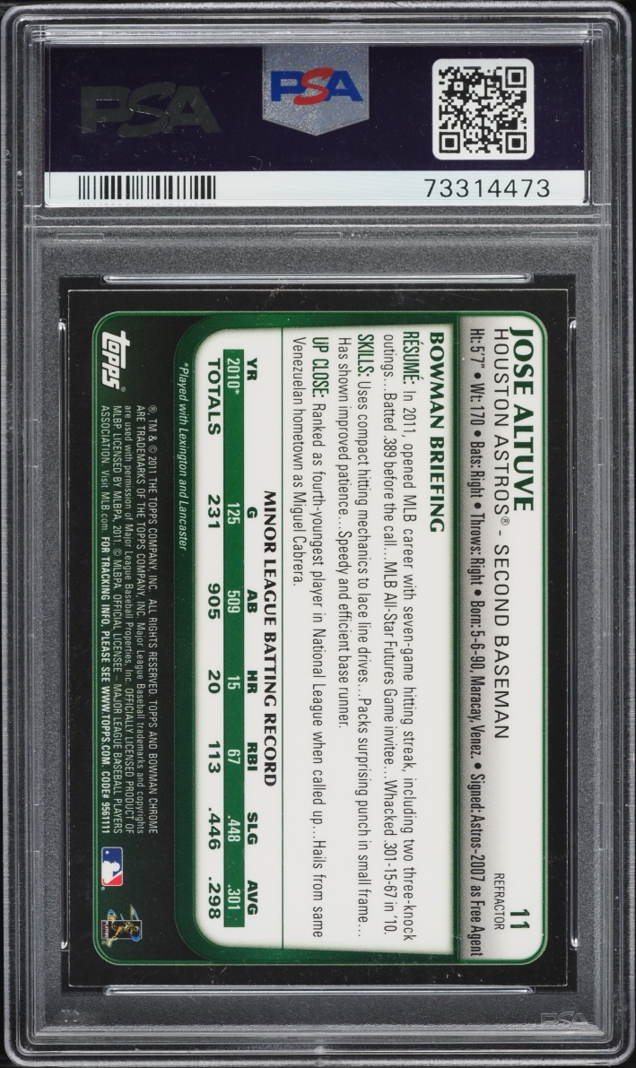 2011 Bowman Chrome Draft Purple Refractor Jose Altuve ROOKIE #11 PSA 9 MINT