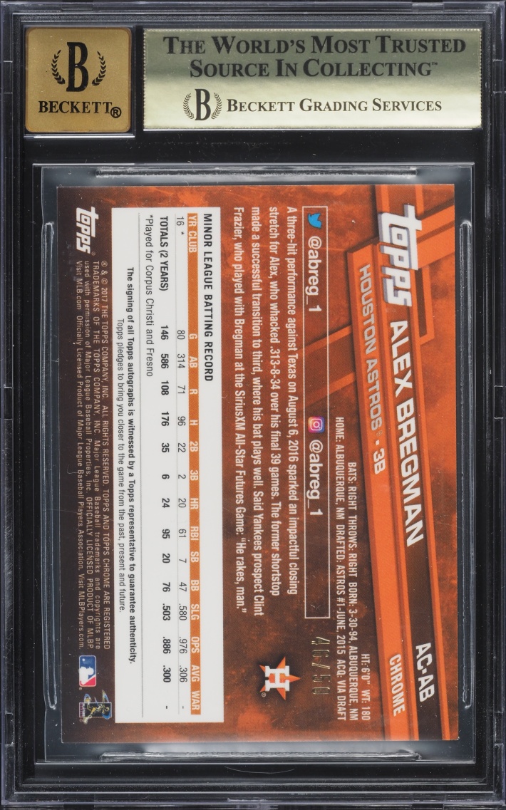 2017 Topps Chrome Sapphire Edition Alex Bregman ROOKIE AUTO /50 #AC-AB BGS 9.5 GEM MINT