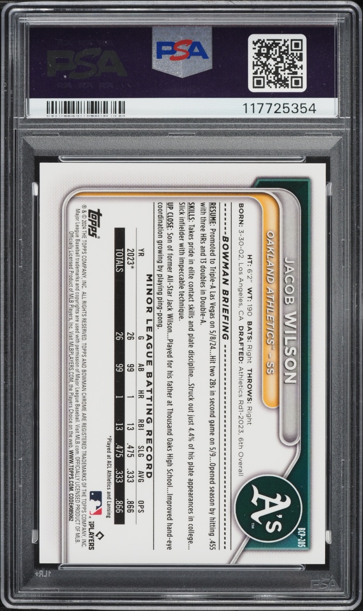 2024 Bowman Chrome Black Refractor Jacob Wilson PROSPECT /10 #BCP-205 PSA 9 MINT