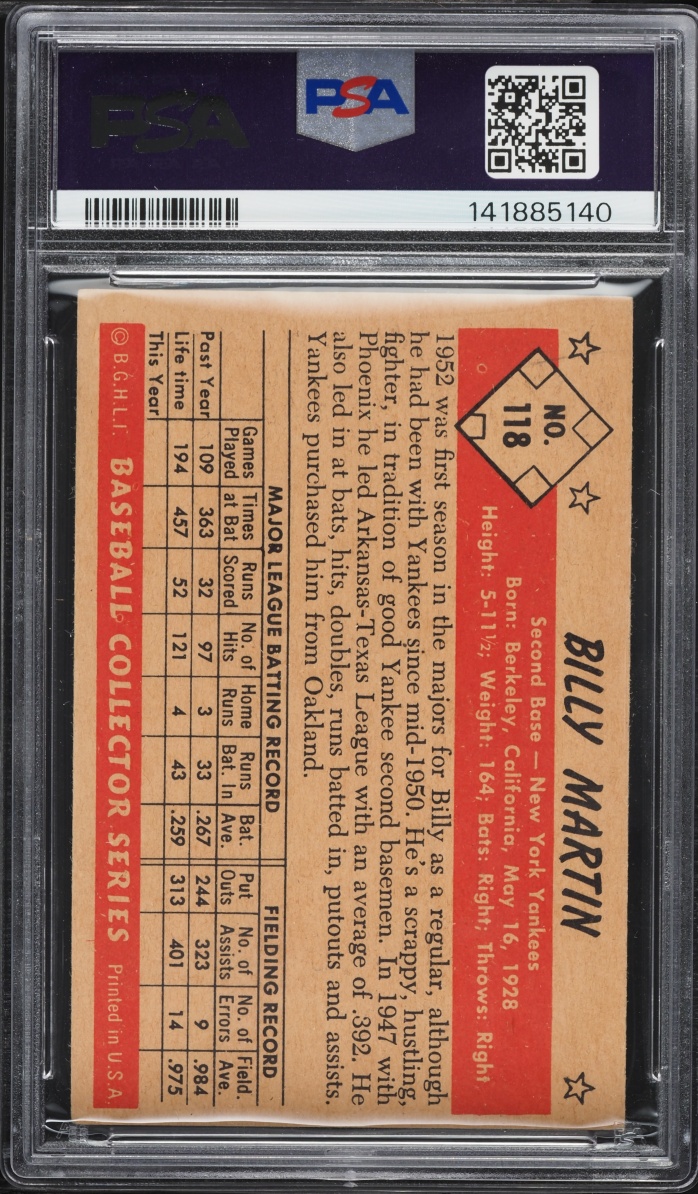 1953 Bowman Color Billy Martin #118 PSA 4 VGEX