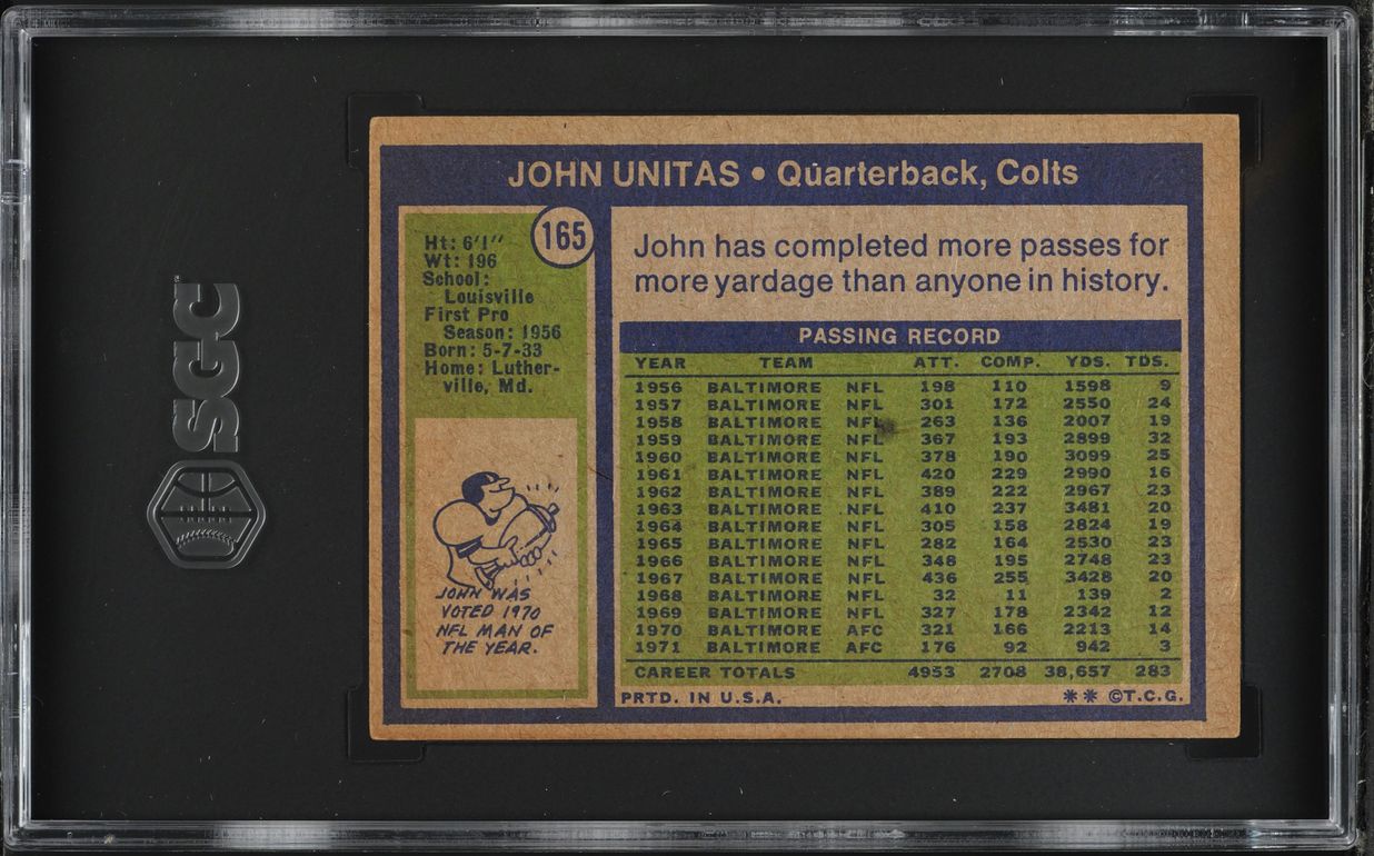 1972 Topps Football Johnny Unitas #165 SGC 5 EX