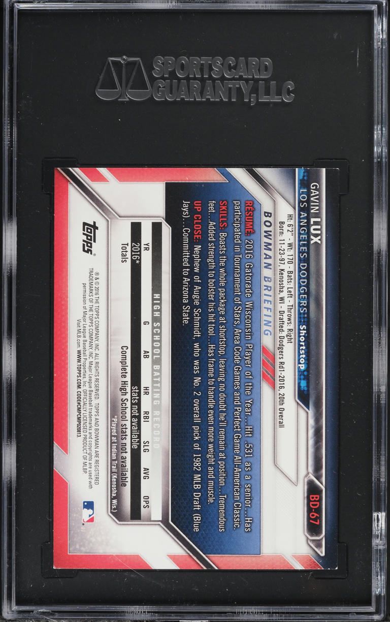 2016 Bowman Draft Gavin Lux PROSPECT #BD-67 SGC 8.5 NM-MT+