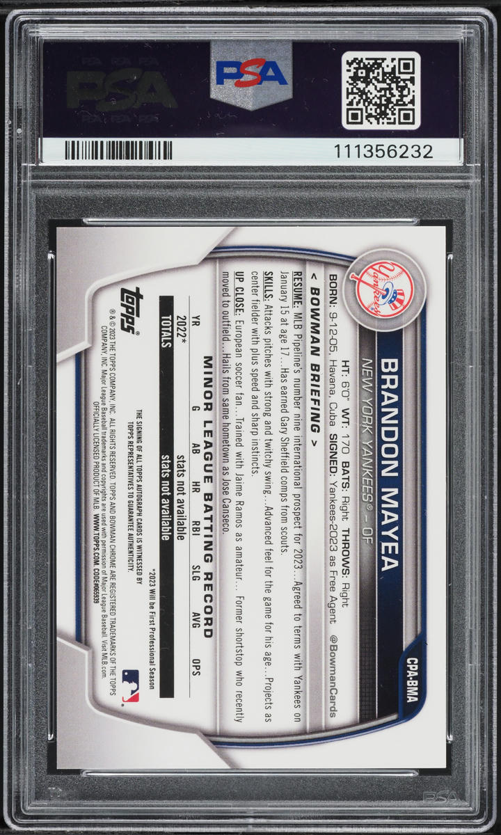 2023 Bowman Chrome HTA Choice Refractor Brandon Mayea PROSPECT AUTO /150 PSA 10
