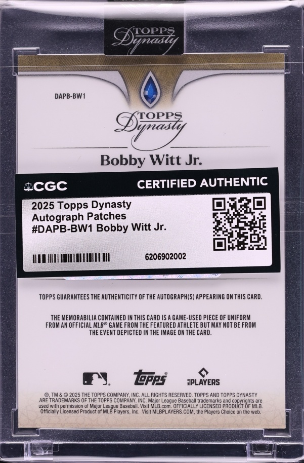 2025 Topps Dynasty Bobby Witt Jr. PATCH AUTO 1/10 #DAPB-BW1 CGC AUTH - Photo 2