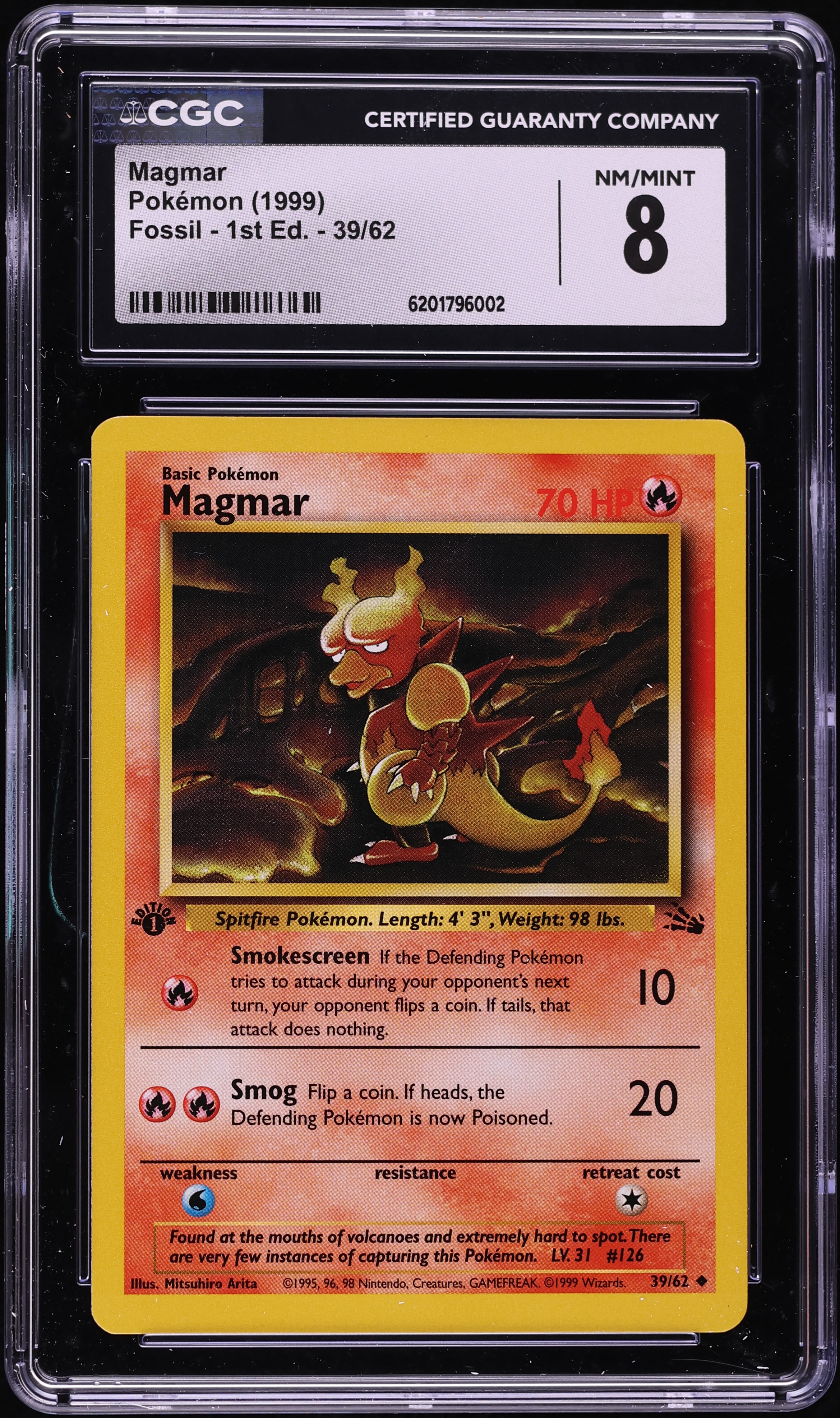 1999 Pokemon Fossil 1st Edition Magmar #39 CGC 8 NM-MT