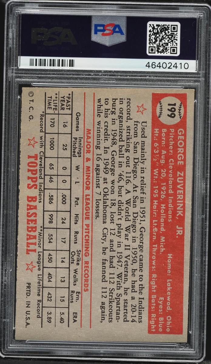 1952 Topps George Zuverink #199 PSA 6 EXMT