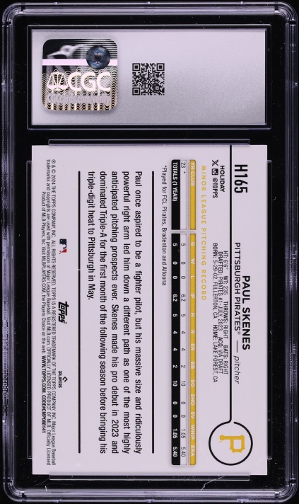 2024 Topps Holiday Blue Metallic Glitter Paul Skenes ROOKIE #H165 CGC 9 MINT