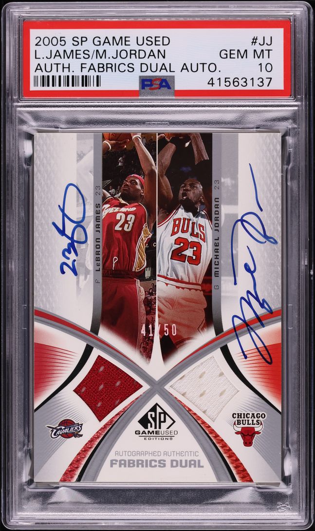 2005 SP Game Used Fabrics LeBron James & Michael Jordan PATCH AUTO /50 PSA 10