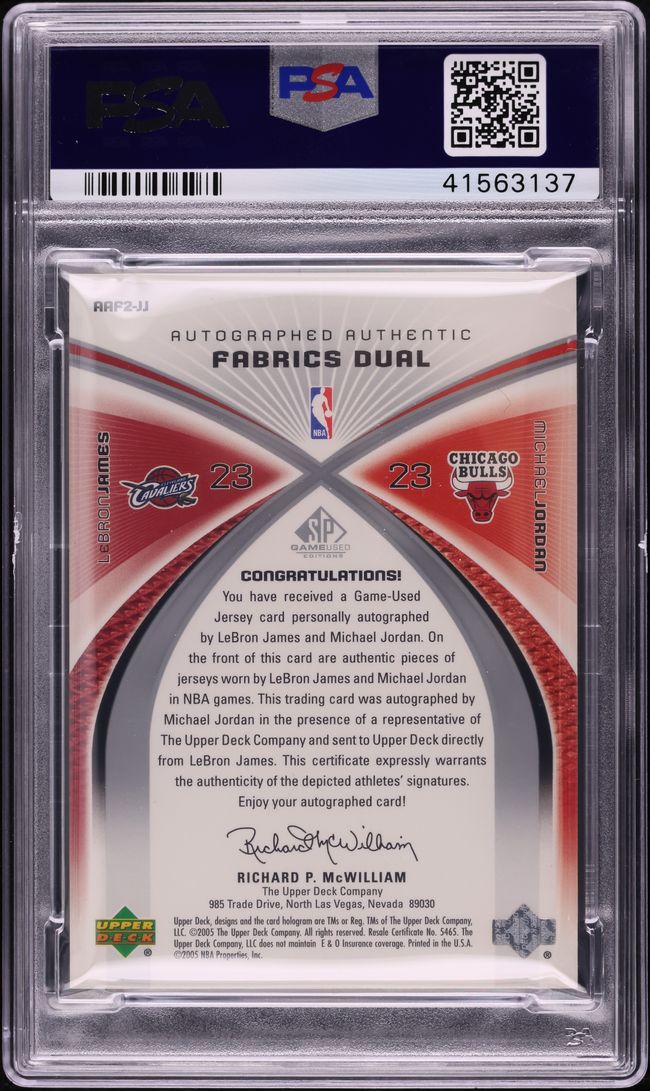 2005 SP Game Used Fabrics LeBron James & Michael Jordan PATCH AUTO /50 PSA 10