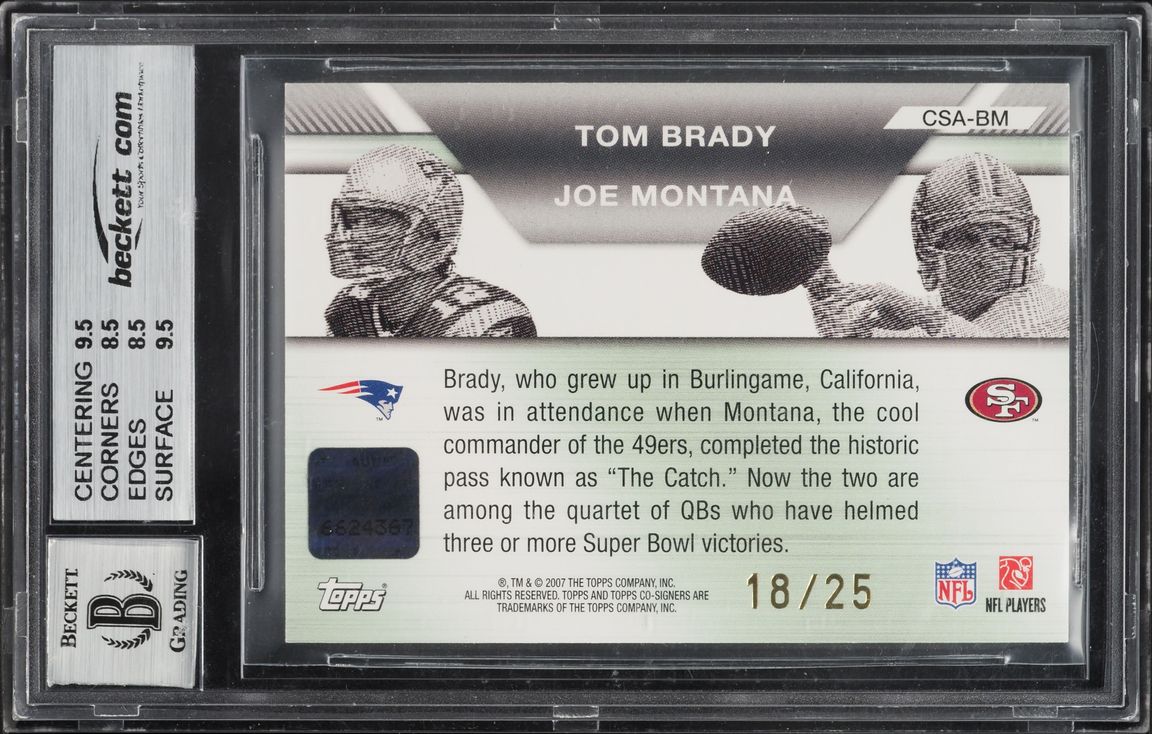 2007 Topps Co-Signers Gold Tom Brady & Joe Montana AUTO /25 #CSA-BM JSA BGS 8.5 NM-MT+