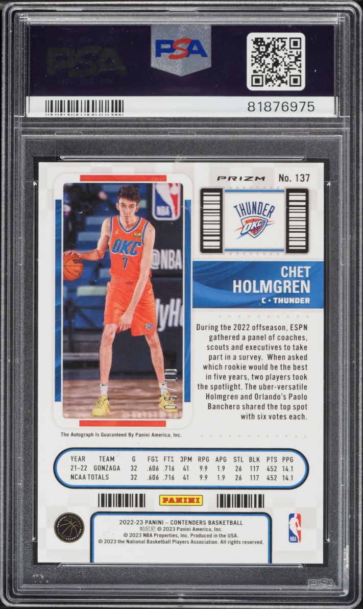 2022 Panini Contenders Gold Chet Holmgren ROOKIE AUTO DNA 10 /10 #137 PSA 10 GEM MINT