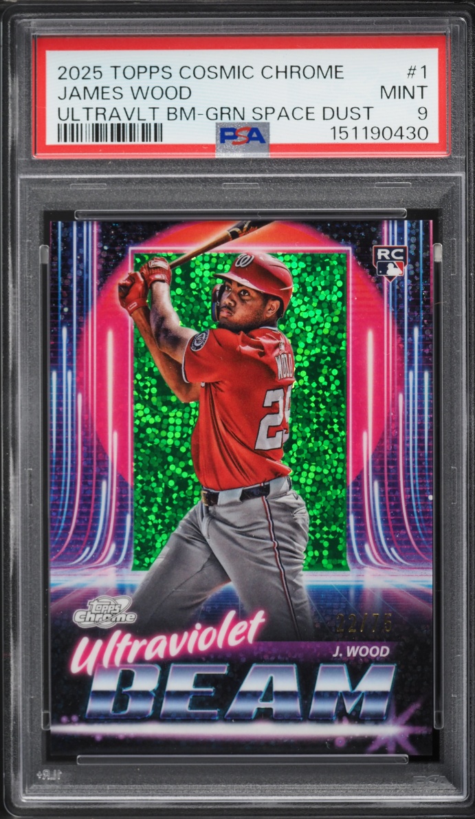 2025 Topps Chrome Cosmic Ultraviolet Beam Green Space Dust James Wood ROOKIE /75 #1 PSA 9 MINT