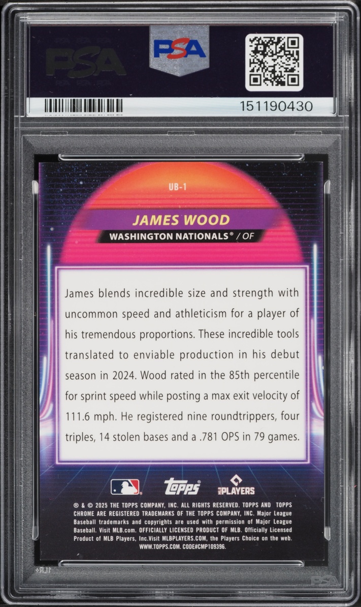 2025 Topps Chrome Cosmic Ultraviolet Beam Green Space Dust James Wood ROOKIE /75 #1 PSA 9 MINT