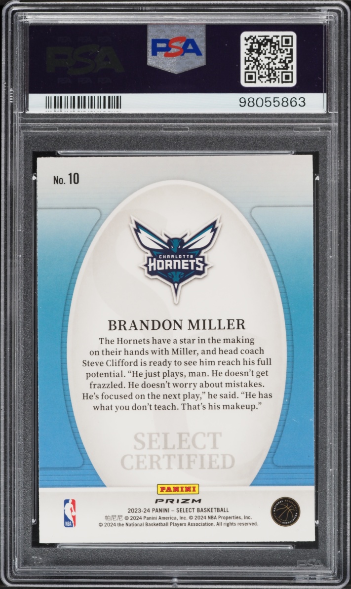 2023 Select Certified Green Prizm Brandon Miller ROOKIE #10 PSA 8 NM-MT