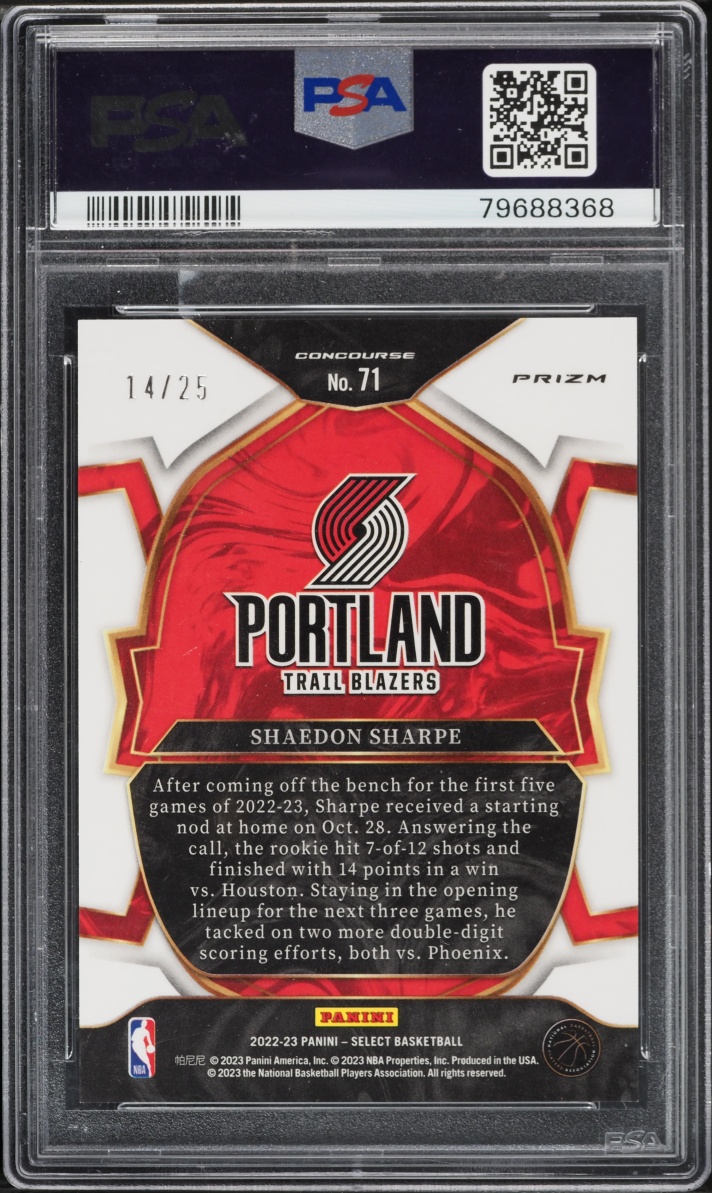 2022 Select Concourse Tie-Dye Shaedon Sharpe ROOKIE /25 #71 PSA 10 GEM MINT