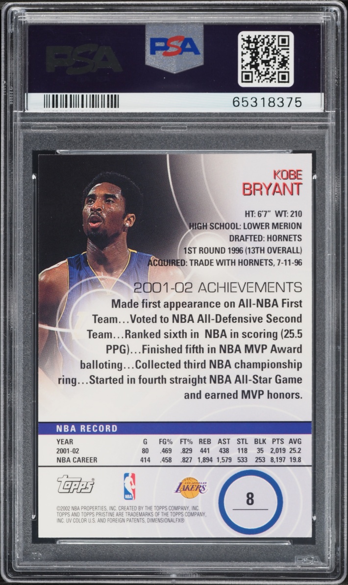 2002 Topps Pristine Kobe Bryant #8 PSA 10 GEM MINT