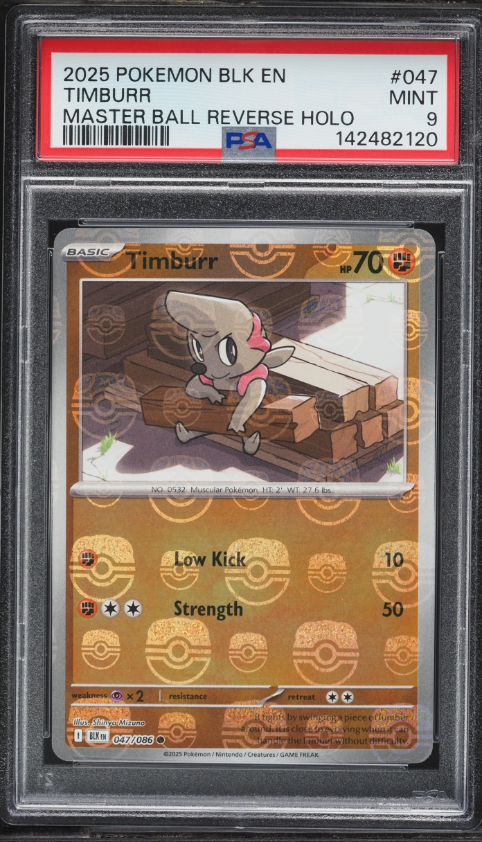 2025 Pokemon Scarlet & Violet Black Bolt Master Ball Reverse Holo Timburr #047 PSA 9 MINT