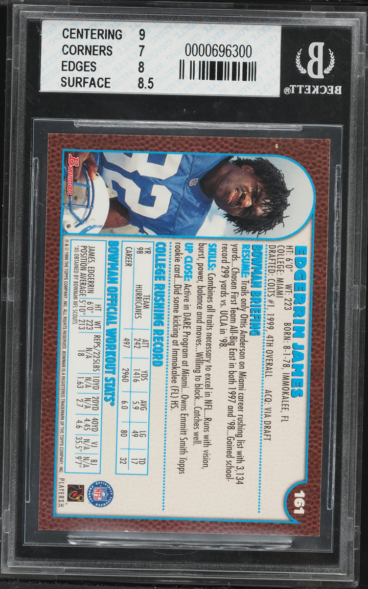 1999 Bowman Football Edgerrin James ROOKIE #161 BGS 7.5 NRMT+