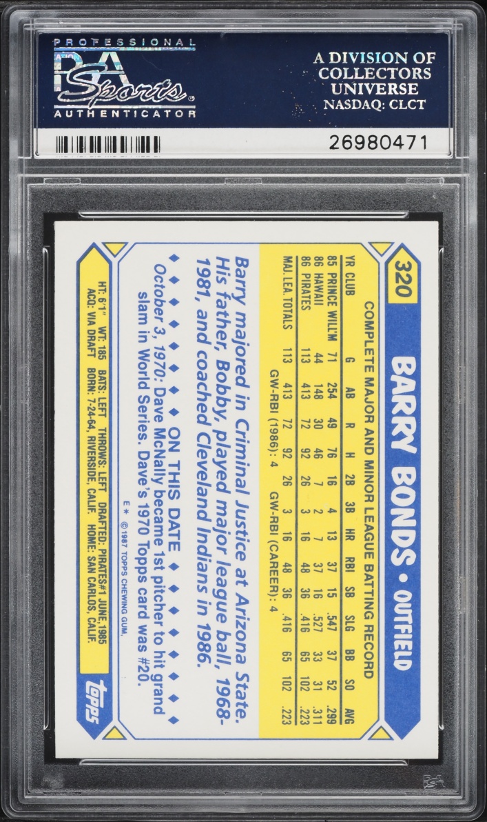 1987 Topps Tiffany Barry Bonds ROOKIE #320 PSA 8 NM-MT