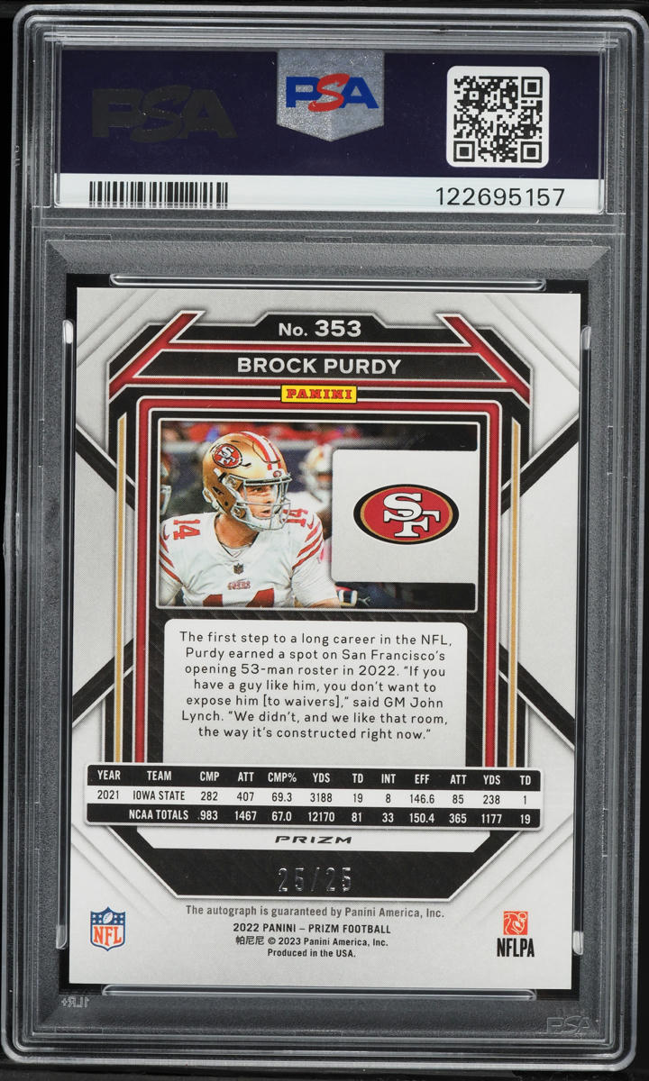 2022 Panini Prizm Blue Shimmer Brock Purdy ROOKIE AUTO 25/25 #353 PSA 10 GEM MINT